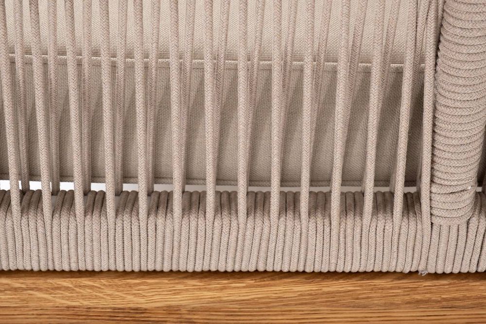 "Канны" левый модуль плетеный из роупа, основание дуб, роуп бежевый круглый, ткань бежевая 052