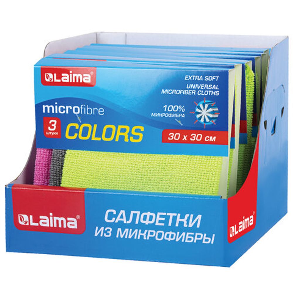 Салфетки из МИКРОФИБРЫ универсальные, 30х30 см, КОМПЛЕКТ 3 шт., ассорти (розовый, зеленый, серый), 180 г/м2, LAIMA, 700054