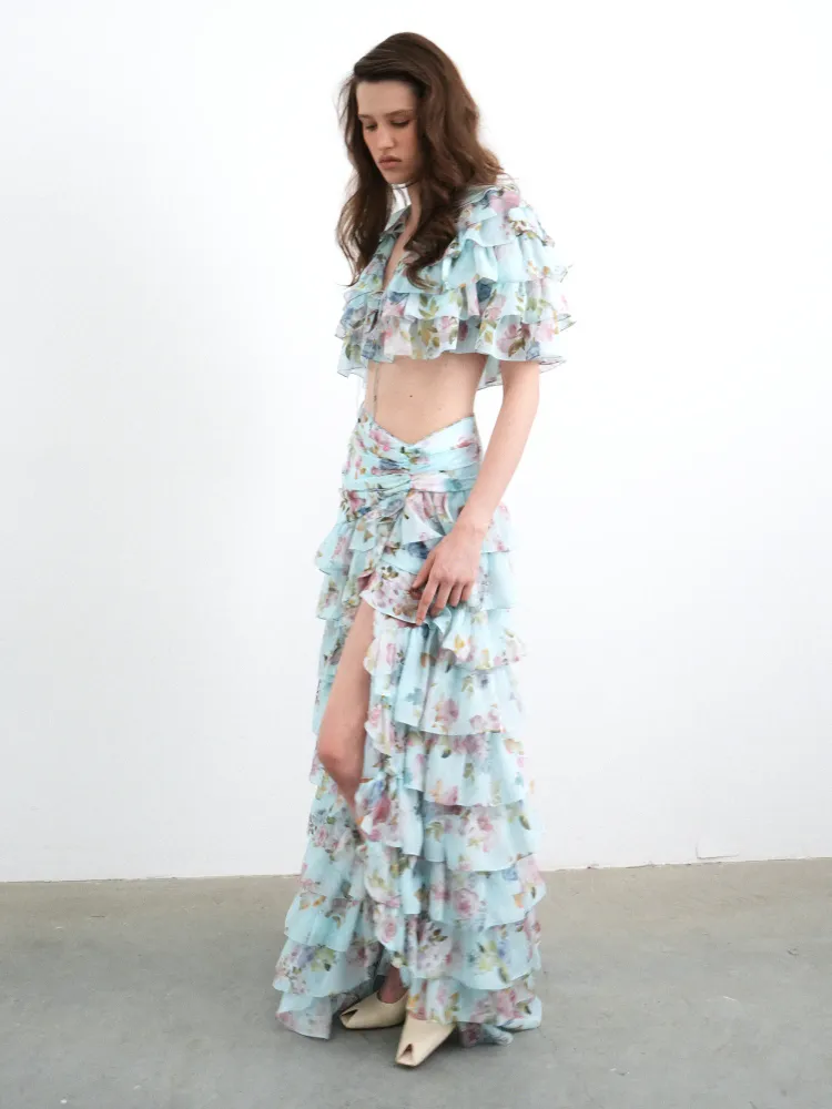 Лисса макси (Lissa maxi), юбка макси из голубого шифона с цветочным принтом
