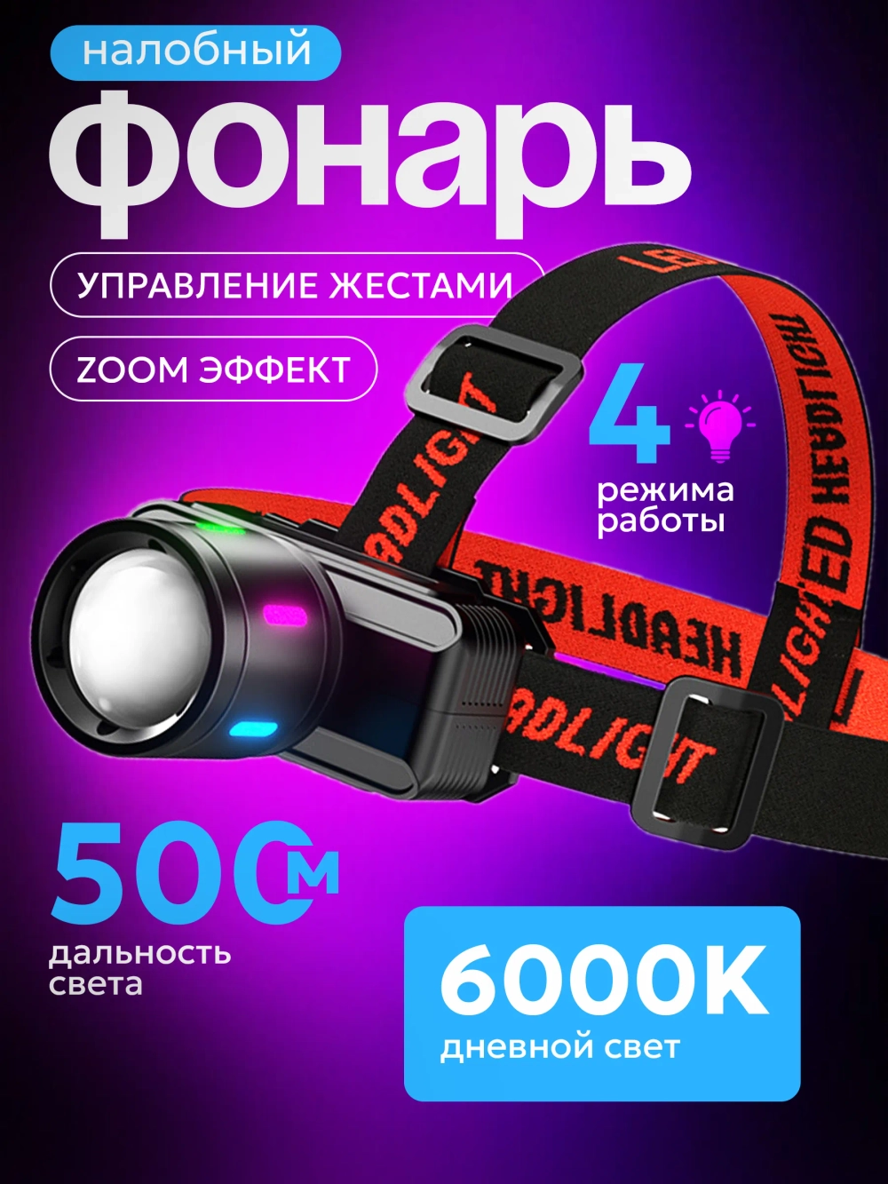 Фонарь налобный аккумуляторный, светодиодный, профессиональный, управление жестами