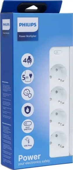 Philips сетевой фильтр 4 Розетки, кабель - 3M белый
