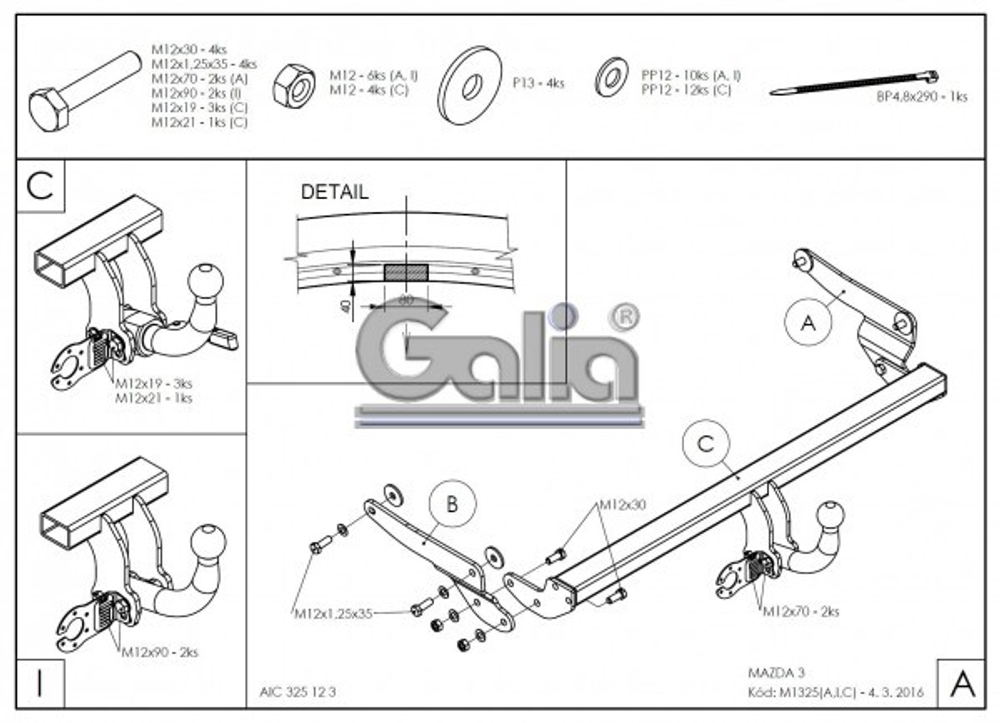 Фаркоп оцинкованный Galia M132A для Mazda 3 хетчбек 2014-(паспорт и сертификат в комплекте)(без электрики)