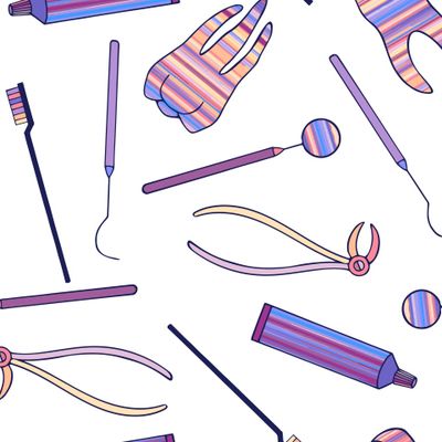 seamless pattern. dental kit, teeth, tools, tube of toothpaste, toothbrush.