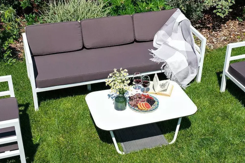 "Эстелья" диван 3-местный, каркас алюминий белый муар, ткань темно-серая 027