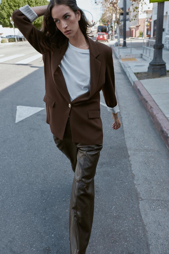 ZARA БЛЕЙЗЕР С ПРИНТОМ НА МАНЖЕТАХ, КОРИЧНЕВЫЙ