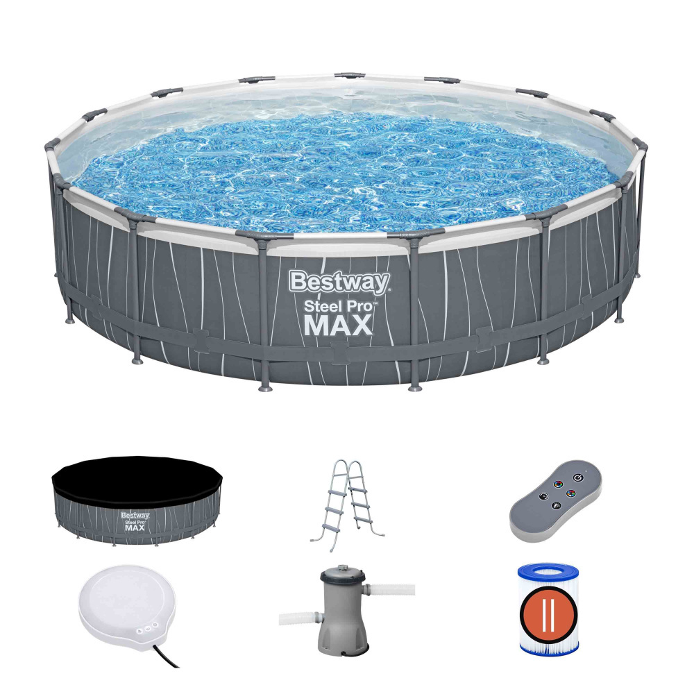 Каркасный бассейн Bestway 457х107 см со светодиодной подсветкой + фильтр-насос 3028 л/ч, лестница, пульт, тент (561GD BW)