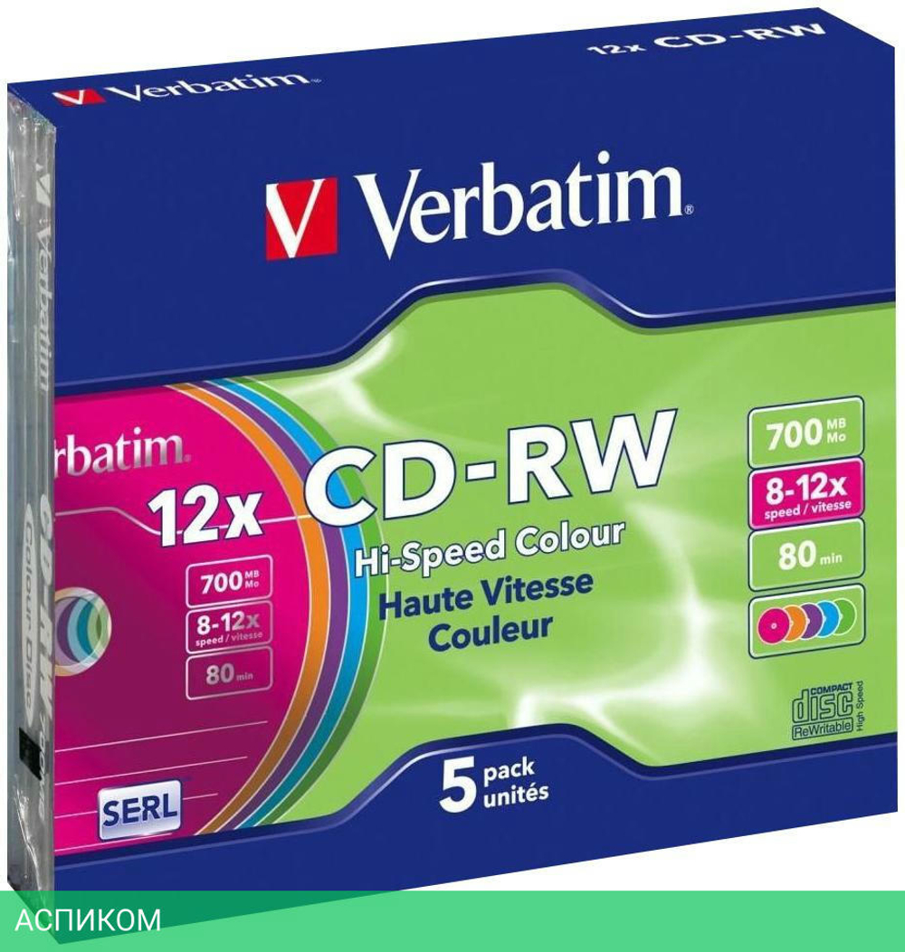 CD-R диск VerbatimW 700Mb 12x Slim case Color 5шт (43167)