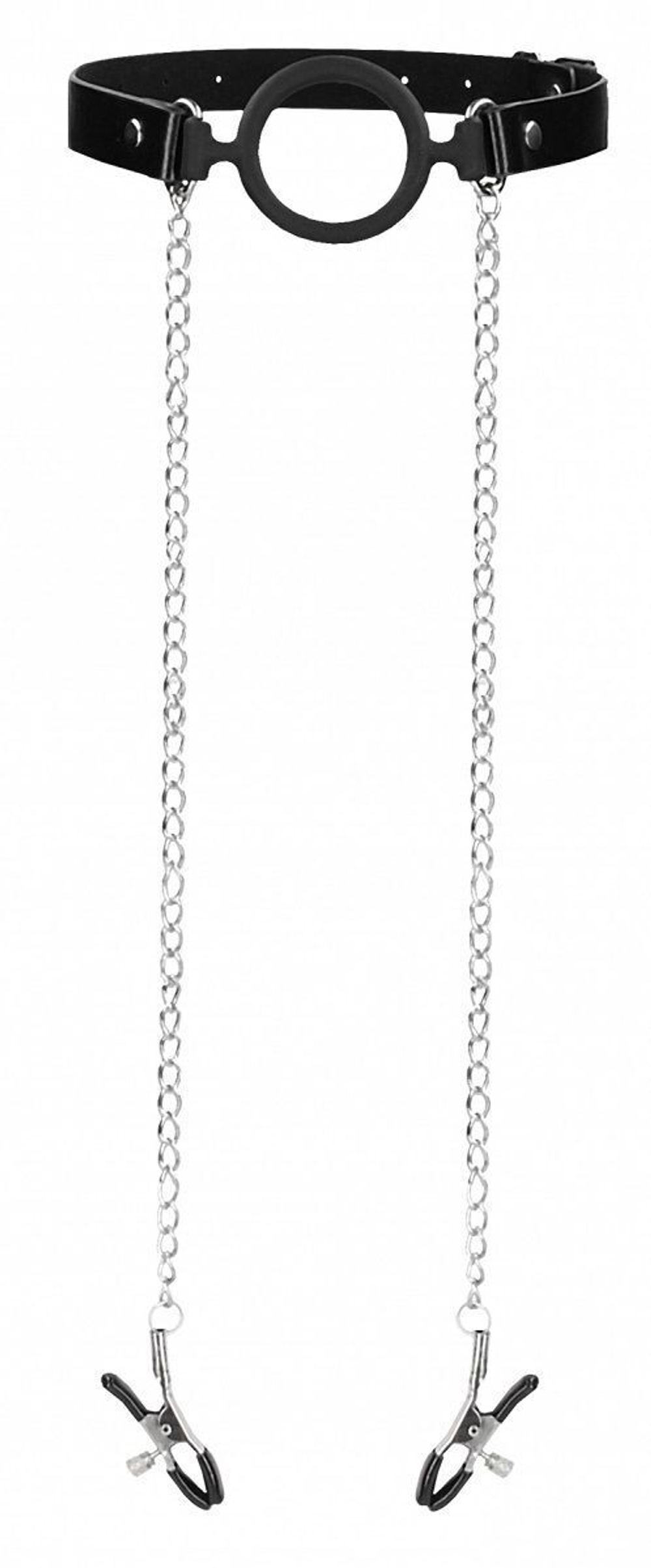 Черный кляп-кольцо с зажимами для сосков O-Ring Gag With Nipple Clamps (Цвет: черный)