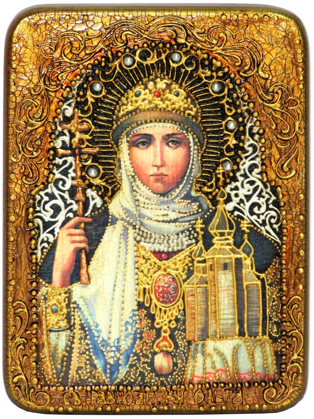 Инкрустированная икона Святая Равноапостольная княгиня Ольга 20х15см на натуральном дереве в подарочной коробке