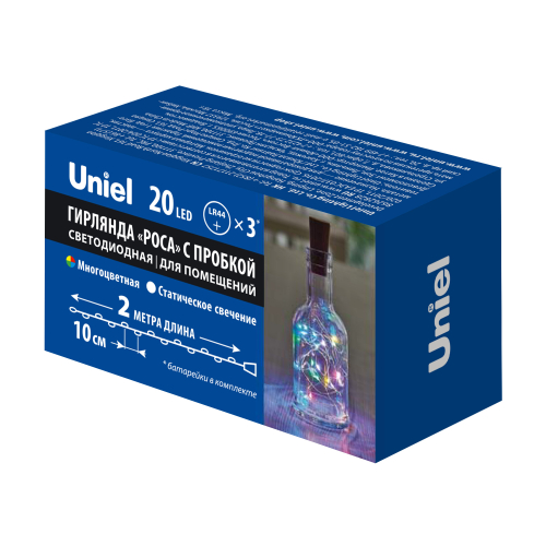 ULD-S0200-020/SСR/3LR MULTI IP20 WINESTOPPER Гирлянда светодиодная «Роса» с пробкой на батарейках 3*LR44(в/к), 2м. 20 светодиодов. Разноцветный свет.