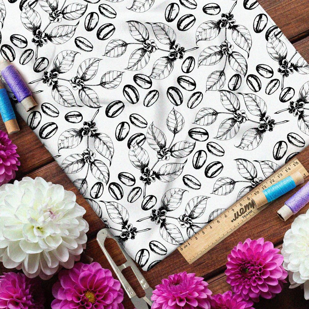 Ткань штапель эскиз кофейных листьев и зёрен