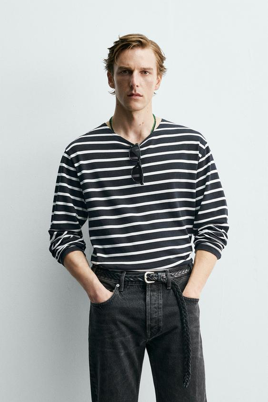 ZARA Х AARON LEVINE ФУТБОЛКА ЖАККАРД В ПОЛОСКУ, СИНИЙ/БЕЛЫЙ