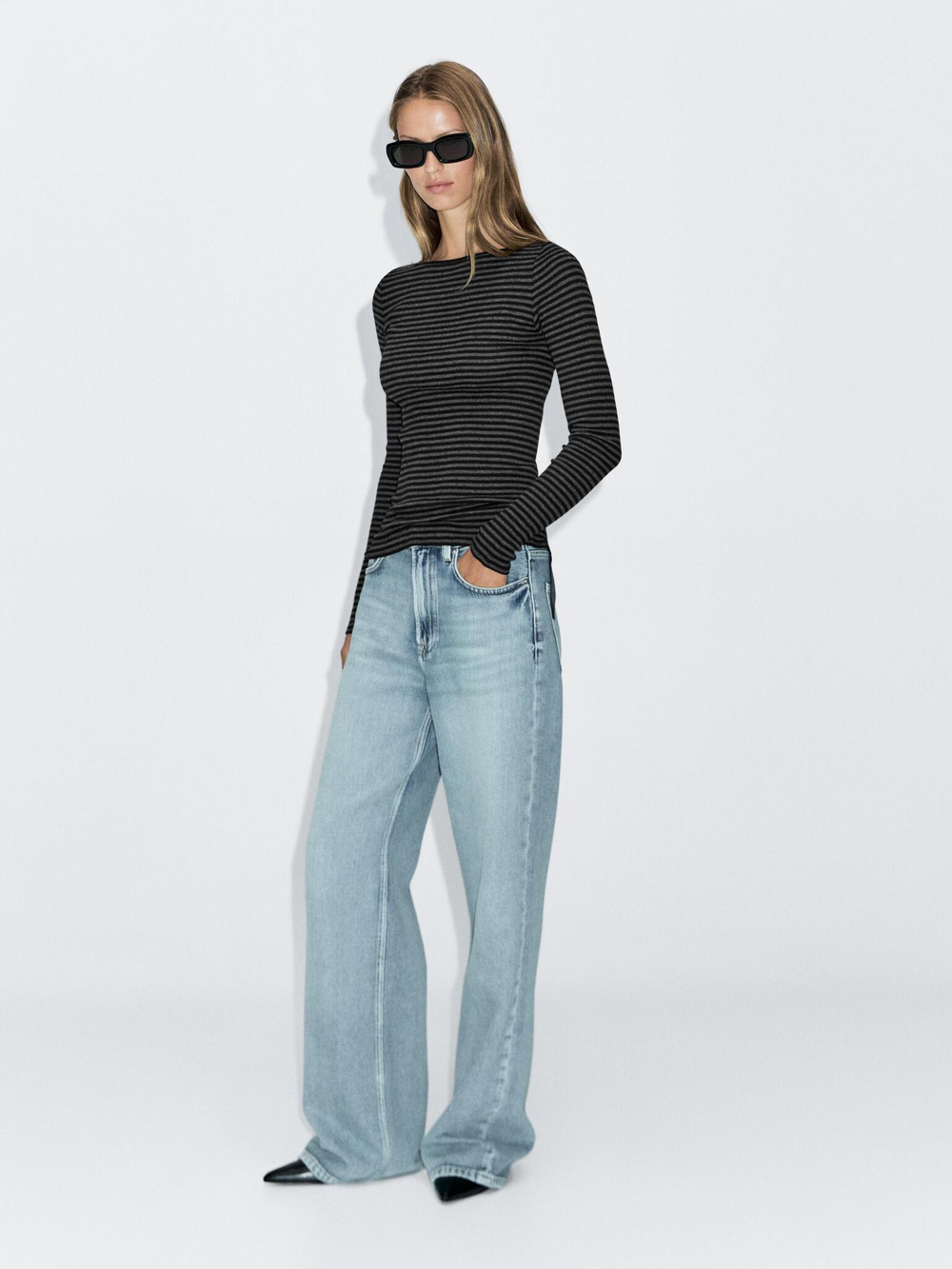 Massimo Dutti Футболка в полоску с длинными рукавами, черный