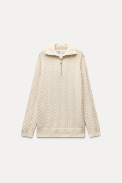 ZARA СВИТЕР С УЗОРОМ «КОСЫ» И ЗАСТЕЖКОЙ-МОЛНИЕЙ, ЭКРЮ