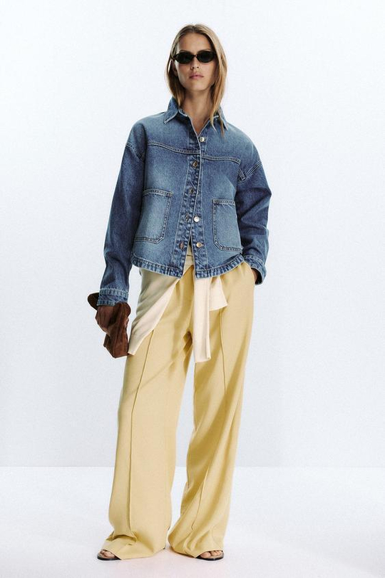 ZARA ШИРОКИЕ БРЮКИ С ДЕКОРАТИВНОЙ СТРОЧКОЙ, ЖЕЛТЫЙ
