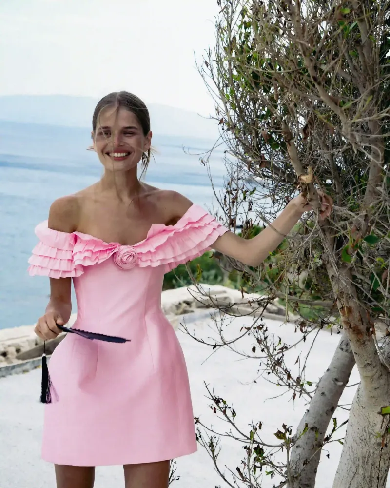 May, платье мини из розовой тафты с рюшами и розой