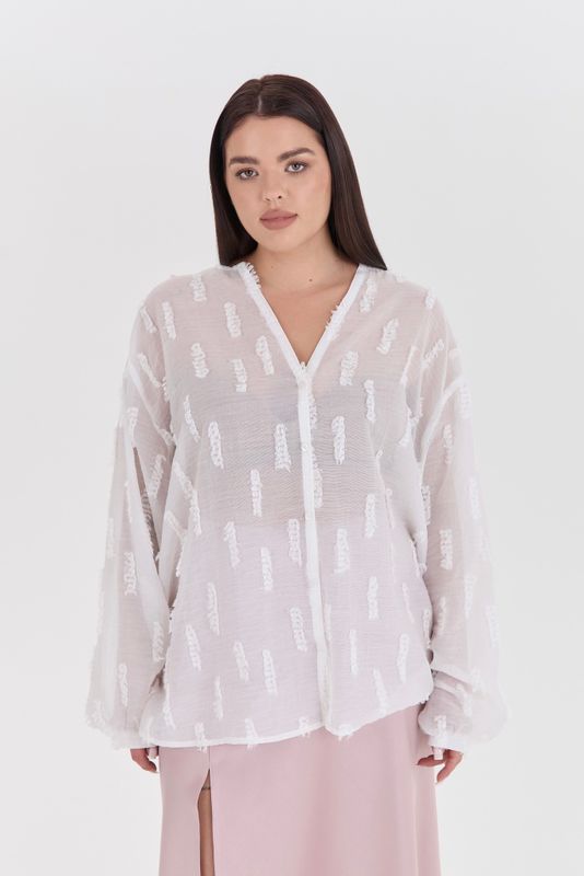 Блузка с V-образным вырезом из вискозы жаккард, белый