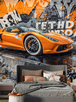 3D Фотообои лофт ярко-оранжевый автомобиль