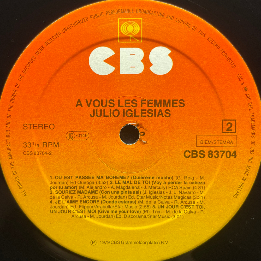 Julio Iglesias ‎– A Vous Les Femmes (Голландия 1979г.)