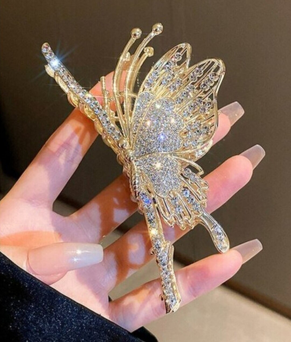 Заколка Краб "Бабочка" со стразами. Металл. Золото. Усиленная.Для волос.