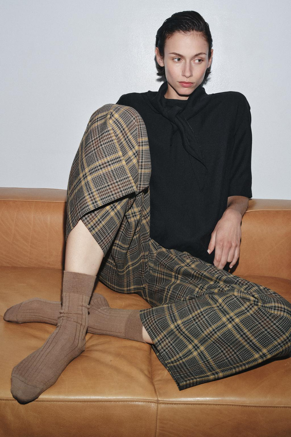 ZARA НОСКИ В РУБЧИК С ШЕРСТЬЮ, МЯГКИЙ КАШТАНОВЫЙ