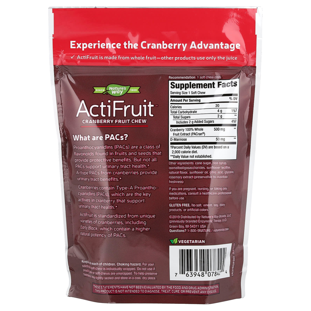 Nature's Way, ActiFruit ™, жевательные таблетки с клюквой, 500 мг, 20 жевательных таблеток