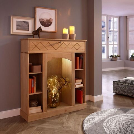 Камин декоративный светодиодный Абау, стеллаж с ящиком из массива сосны, полка декоративная с подсветкой, натуральный бейц