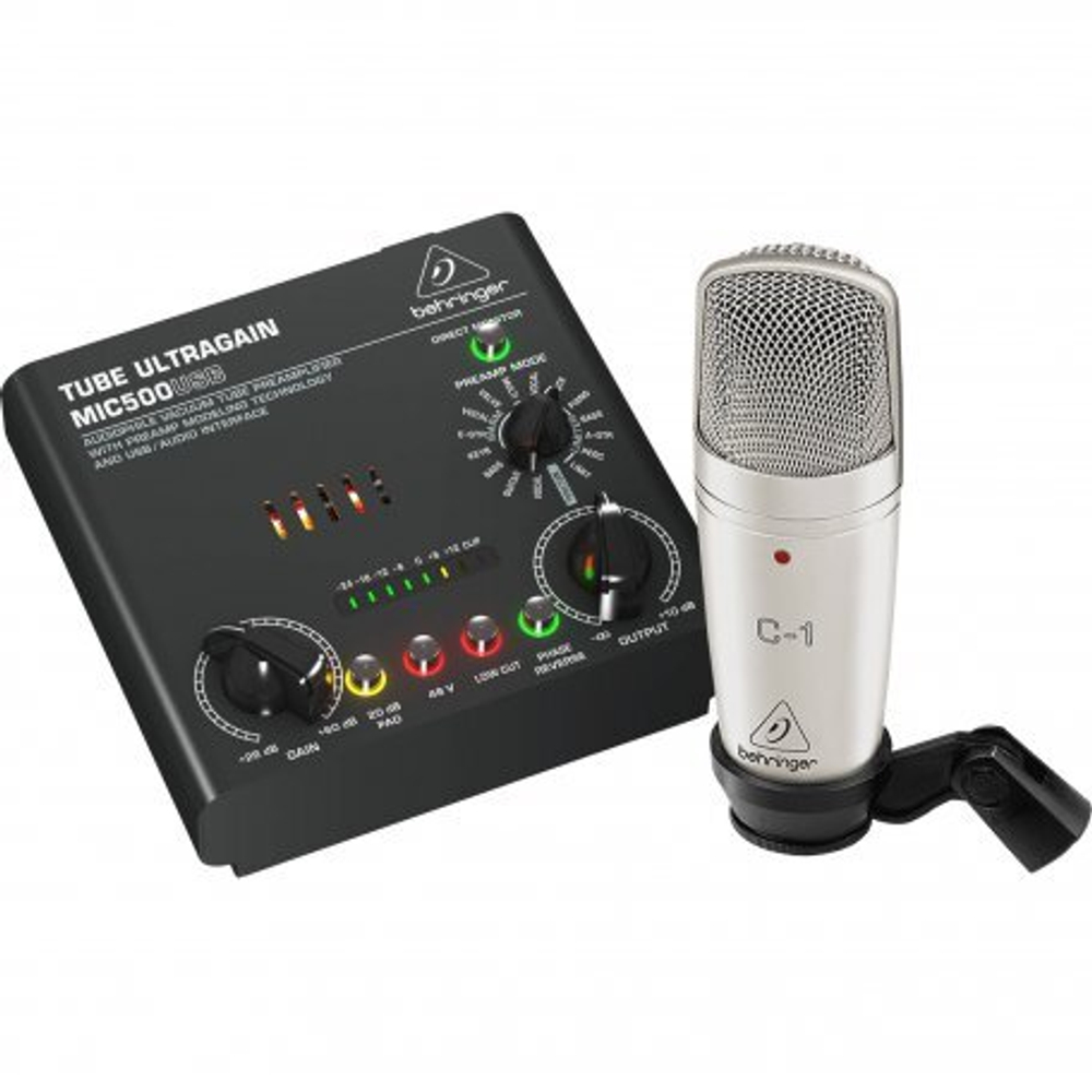 BEHRINGER VOICE STUDIO - комплект для звукозаписи, ламповый предусилитель MIC500USB, конденсаторный микрофон.