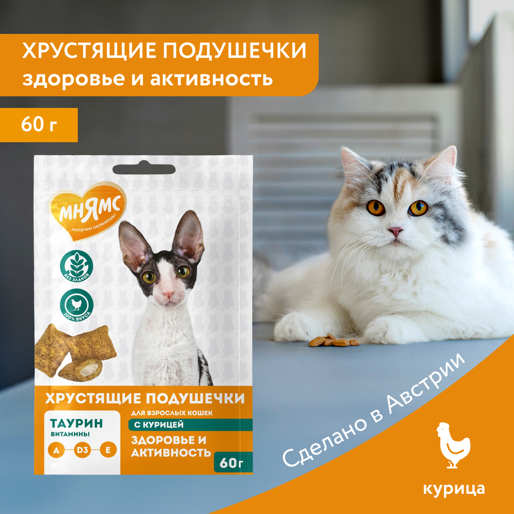 МНЯМС Лакомство "Здоровье и активность" хрустящие подушечки для кошек с курицей, 60 г