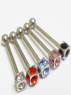 Штанга 18мм для пирсинг языка, толщиной 1,6мм с шариком 4мм и кубом с цветными кристаллами. Сталь 316L, 5 шт.