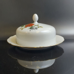 Маслёнка с крышкой фарфоровая, деколь розы, золочение, клеймо Kahla, Кахла, ГДР, винтаж 1968-1987 гг