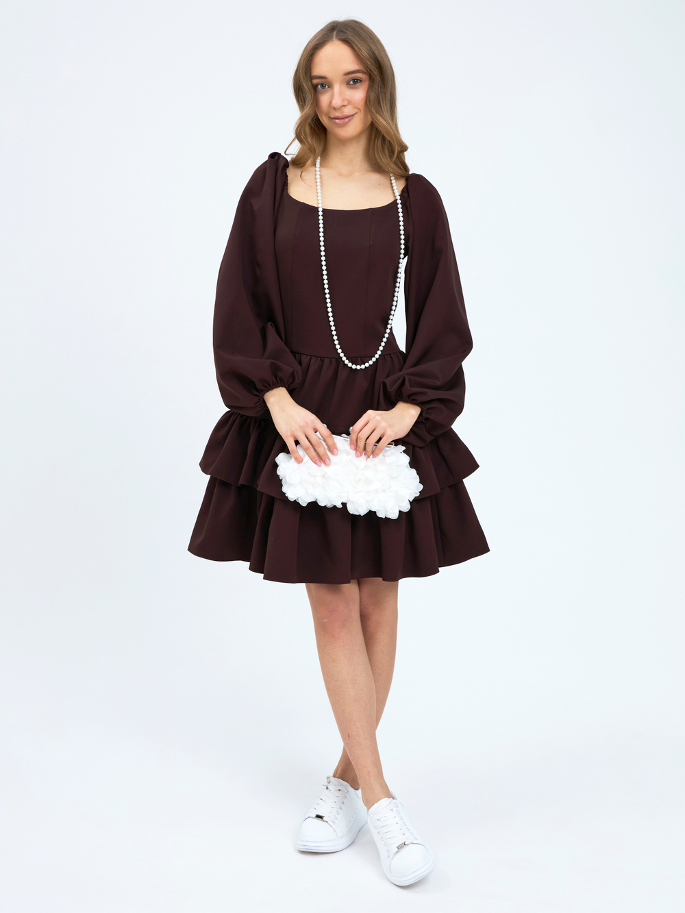 Платье праздничное ярусное с воланами для девочки коричневое