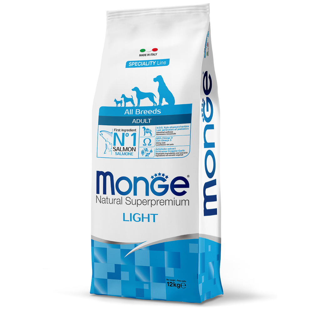 Сухой корм Monge Dog Speciality Line Light для взрослых собак всех пород, низкокалорийный, лосось с рисом 12 кг