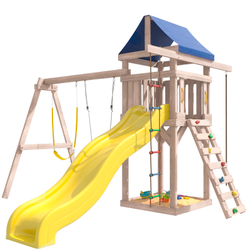 Детская площадка неокрашенная с гибкими качелями в желтом цвете и лодочкой IgroWoods для улицы и дачи