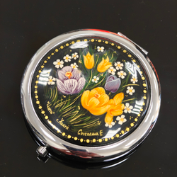 Сувенирное зеркальце с ручной холуйской росписью "Цветы"