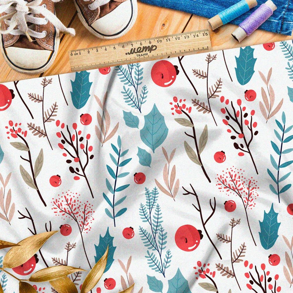 Ткань лён лесная трава и рябина на белом фоне