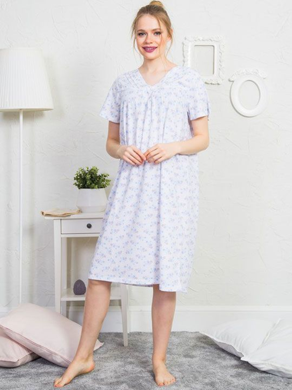 Домашняя сорочка в мелкий цветочный рисунок (Размер: XXL) (Цвет: голубой)