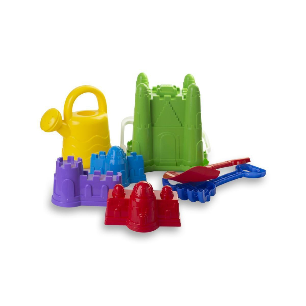 Песочный набор №29 ведро-крепость, совок, грабли, 3 формочки крепость, лейка (АлексТойз)
