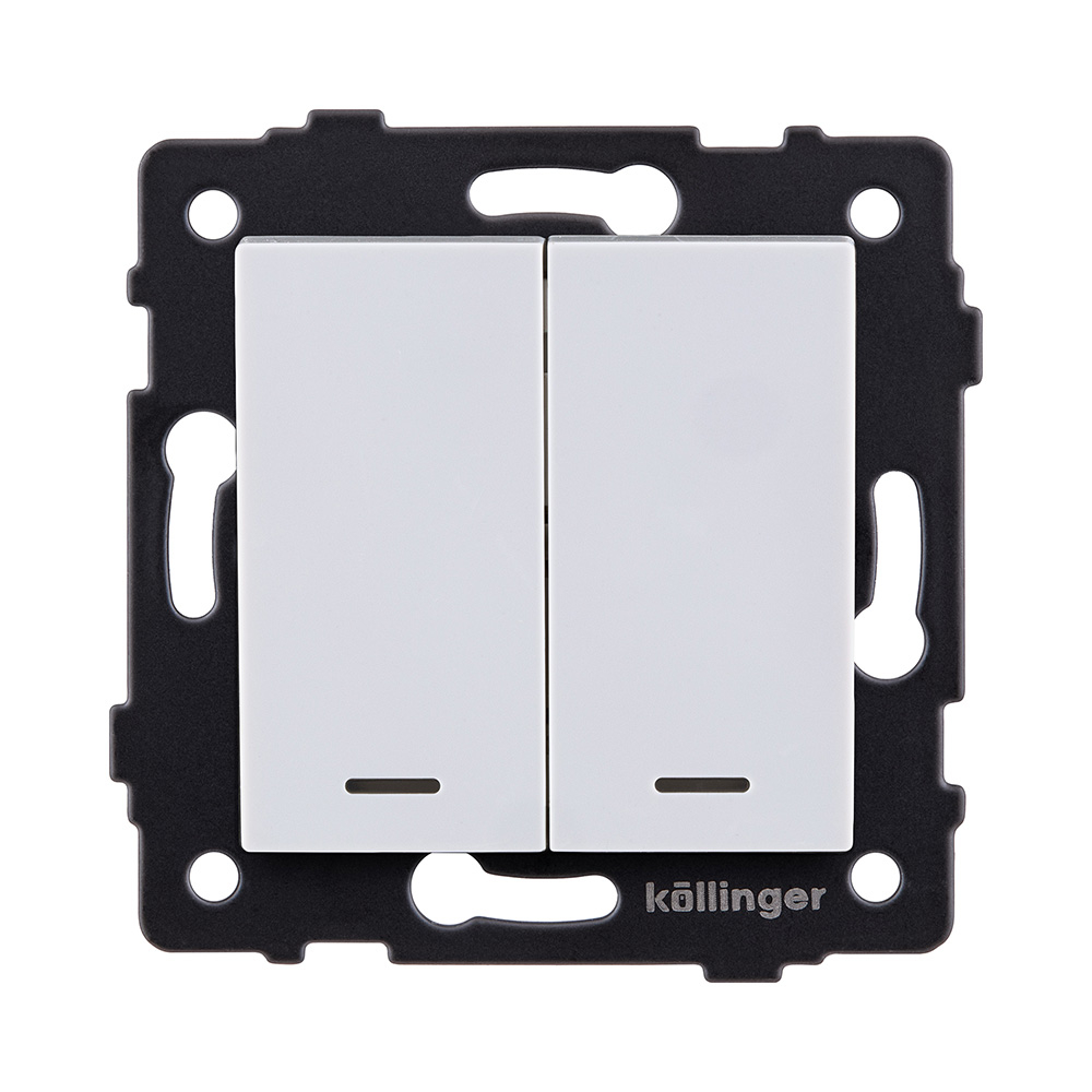Выключатель 2-клавишный проходной 10А/250В с LED подсветкой, белый Kollinger REA-S-010WH для Aspekt, Eleganz, Reflex