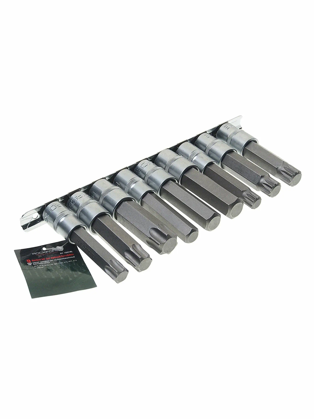 Набор головок-бит RF-40919L разнопрофильных Spline&Torx&Hex, 9 пр.(М14,М16,М18,Т70,Т80,Т100,Н14,Н17,Н19мм; L-100мм), на планке ROCKFORCE