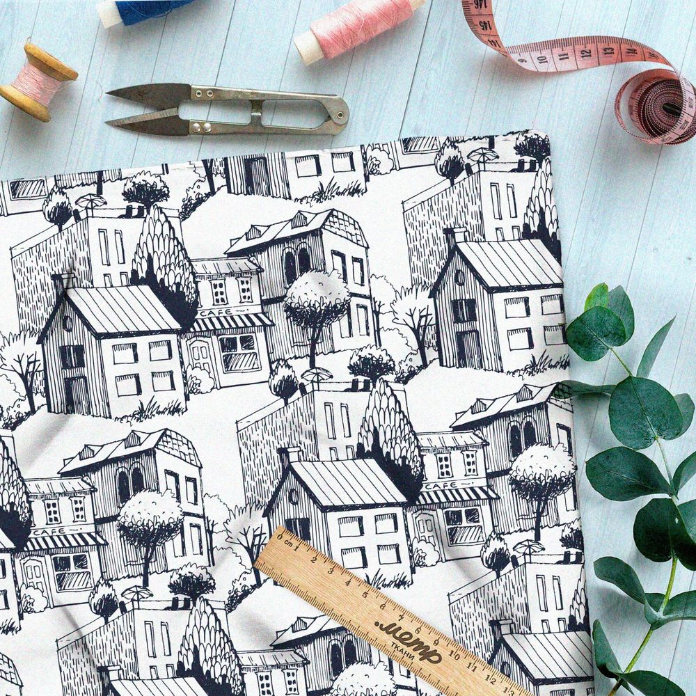 Ткань оксфорд 210 карандашные дома на белом фоне