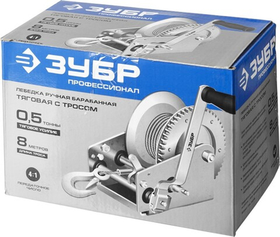 ЗУБР 0.5 т, 8 м, ручная барабанная тяговая тросовая лебедка, Профессионал (43113-0.5)