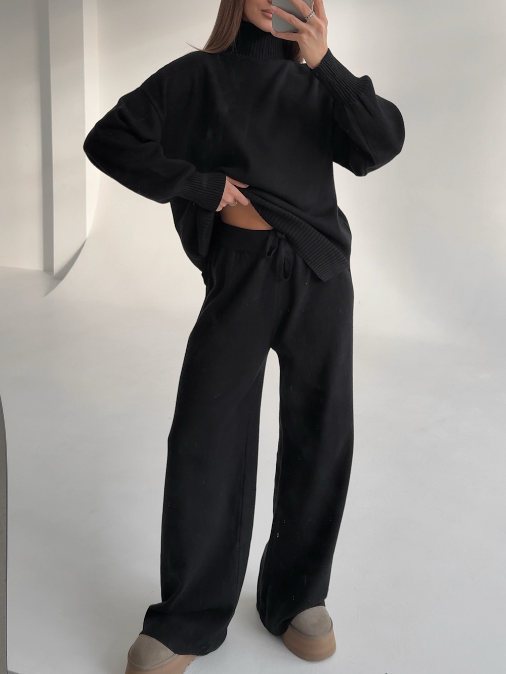 Комплект вязаный, базовый свитер с горлом и брюки