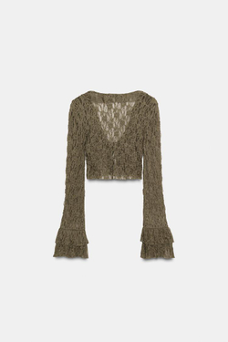 ZARА УКОРОЧЕННЫЙ КАРДИГАН С КРУЖЕВОМ И ВОЛАНАМИ, СЕРО-КОРИЧНЕВЫЙ