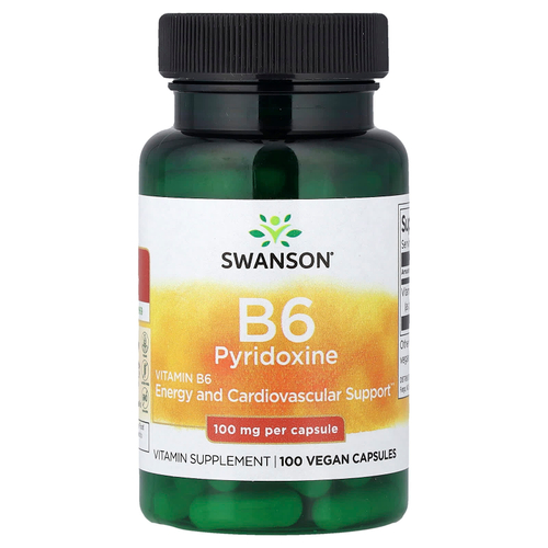 Swanson Vitamins, витамин B6 (пиридоксин), 100 мг, 100 веганских капсул