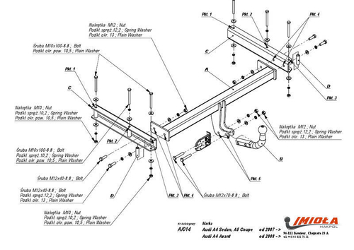 Фаркоп IMIOLA A.014 Audi A4 седан/универсал 2008-2015, Audi A5 2008-(паспорт и сертификат в комплекте)(без электрики)