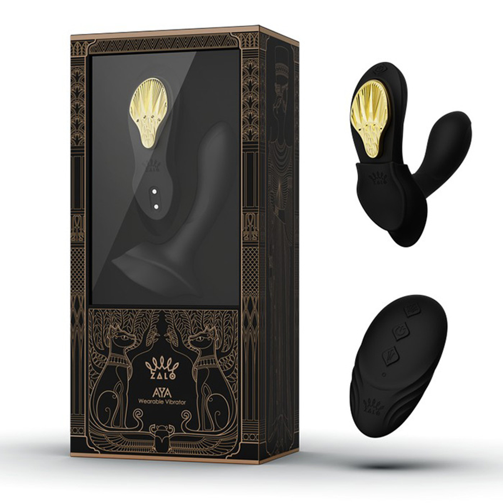 Чёрный вибромассажёр в трусики 8,5см с насадкой и пультом ДУ + управление через приложение Zalo Aya Wearable Vibrator Obsidian Black