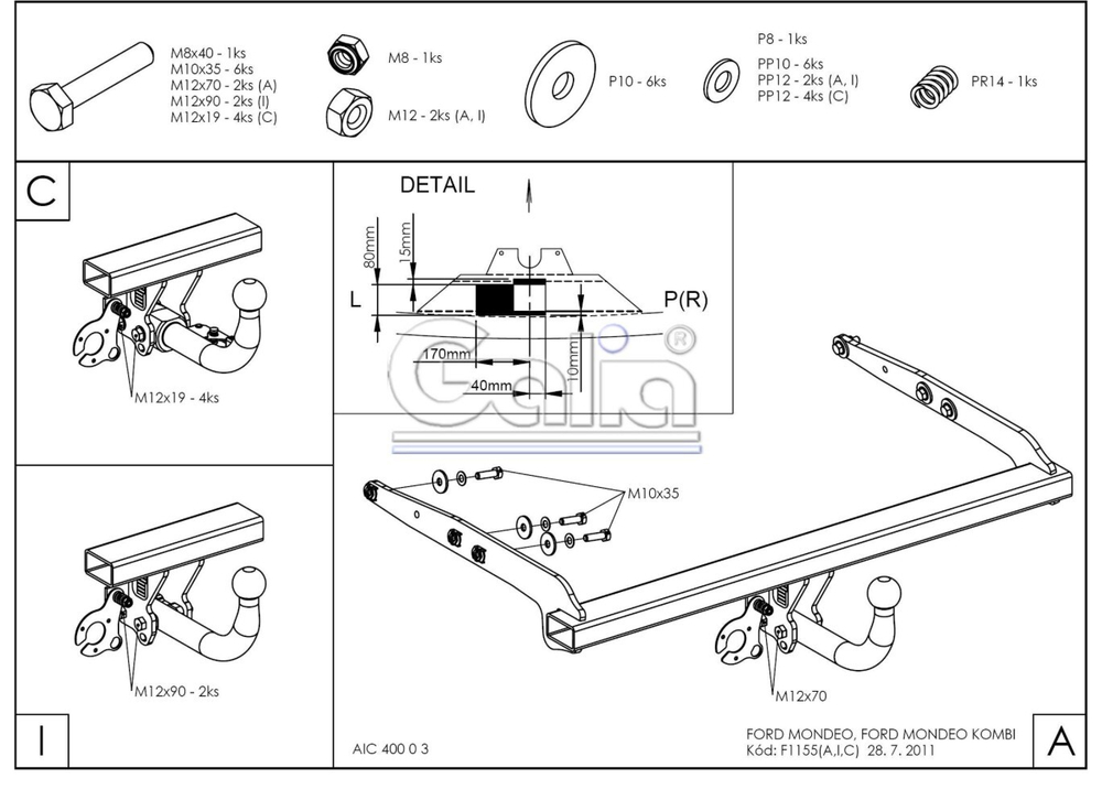 Фаркоп оцинкованный Galia F115C для Ford Mondeo седан/универсал 2007-2014(паспорт и сертификат в комплекте)(без электрики)
