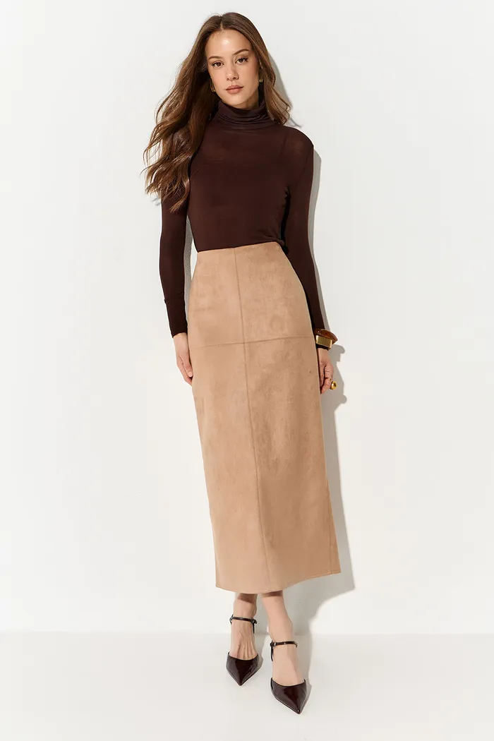 Юбка карандаш из экозамши цвета кэмел