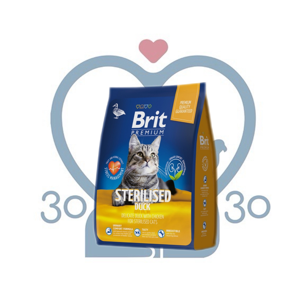 Brit Premium Корм сухой для взрослых стерилизованных кошек с уткой и курицей Cat Sterilised Duck&Chicken, 8 кг